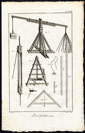 4 Antique Prints-CARPENTRY-CARPENTER-TOOLS-CHISEL-AXE-SAW-HAMMER-Diderot-1751
