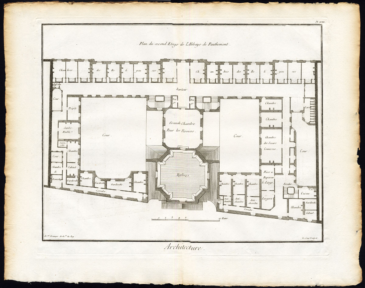 , 4 Antique Prints-ARCHITECTURE-ABBEY OF PENTHEMONT-PARIS-FRANCE-Diderot-1751, Pictura Antique Prints