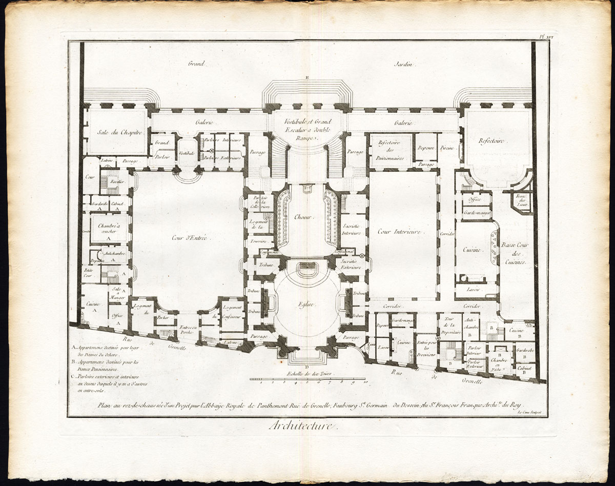 , 4 Antique Prints-ARCHITECTURE-ABBEY OF PENTHEMONT-PARIS-FRANCE-Diderot-1751, Pictura Antique Prints