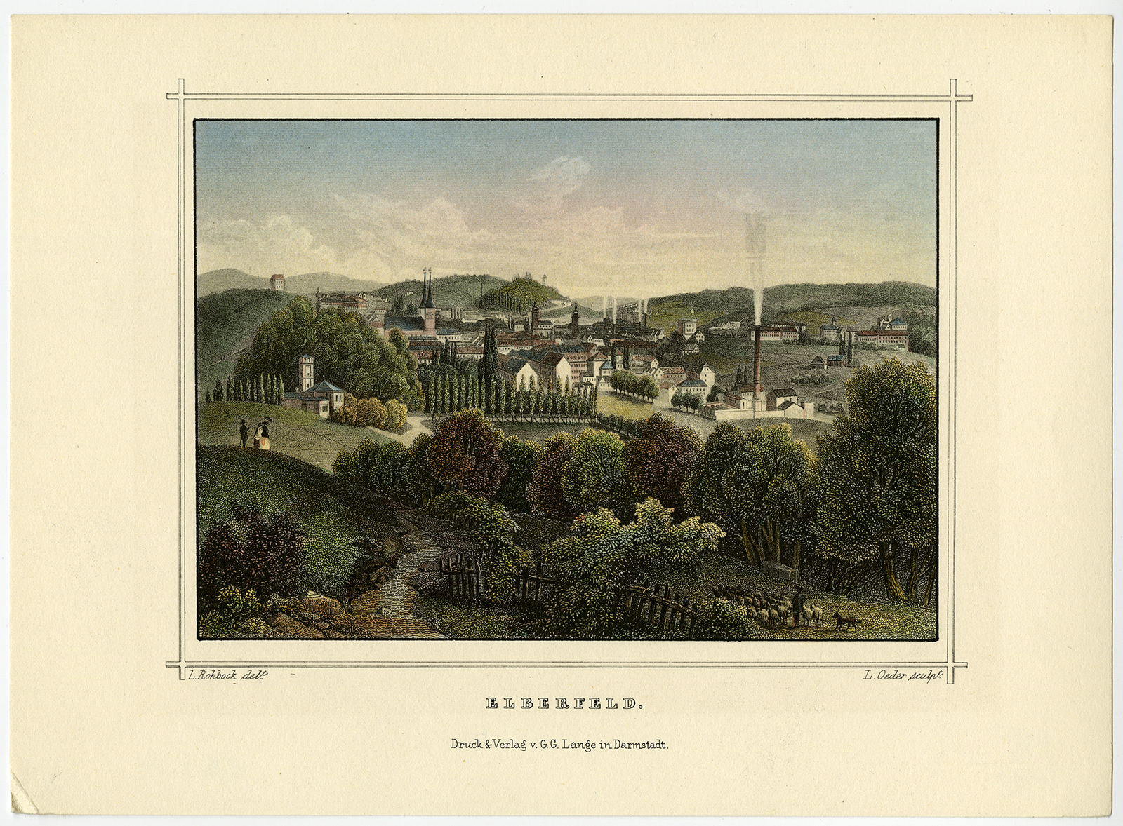 , Antique Print-VIEW-SHEEP-ELBERFELD-WUPPERTAL-GERMANY-Rohbock-Oeder-1842, Pictura Antique Prints