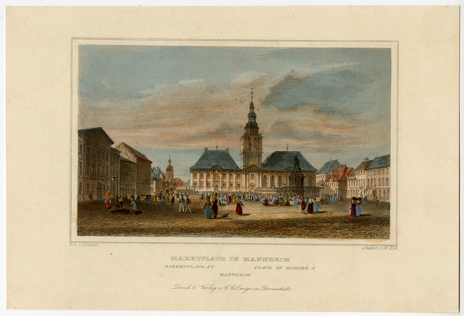 , Antique Print-MARKET-CITY HALL-MANNHEIM-GERMANY-Pozzi-Kolb-1842, Pictura Antique Prints