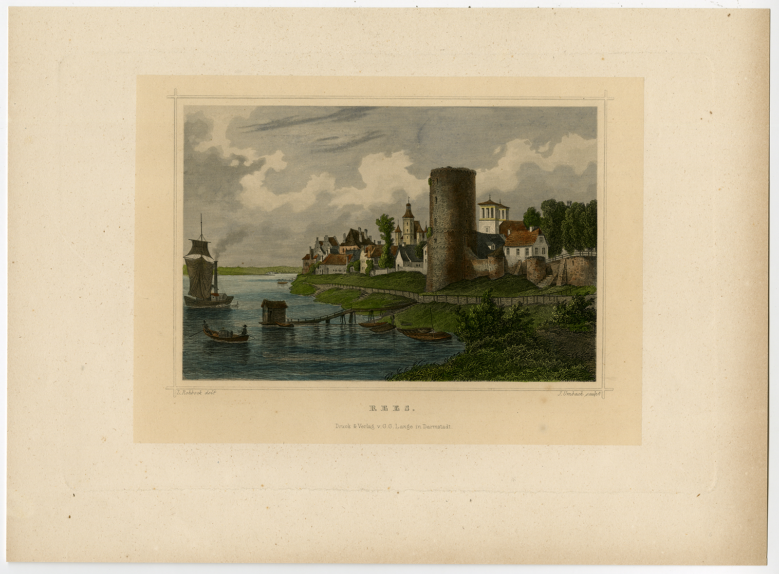 , Antique Print-REES-RHINE-GERMANY-CITY WALL-Rohbock-Umbach-1842, Pictura Antique Prints