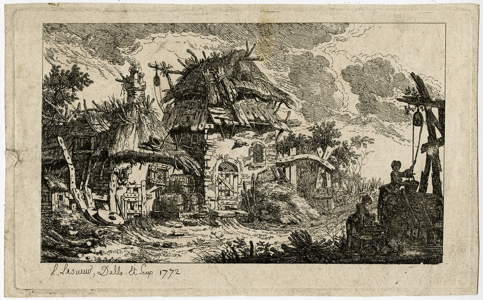 , Antique Print-LANDSCAPE-RUIN-INN-BARN-Le Sueur-1772, Pictura Antique Prints