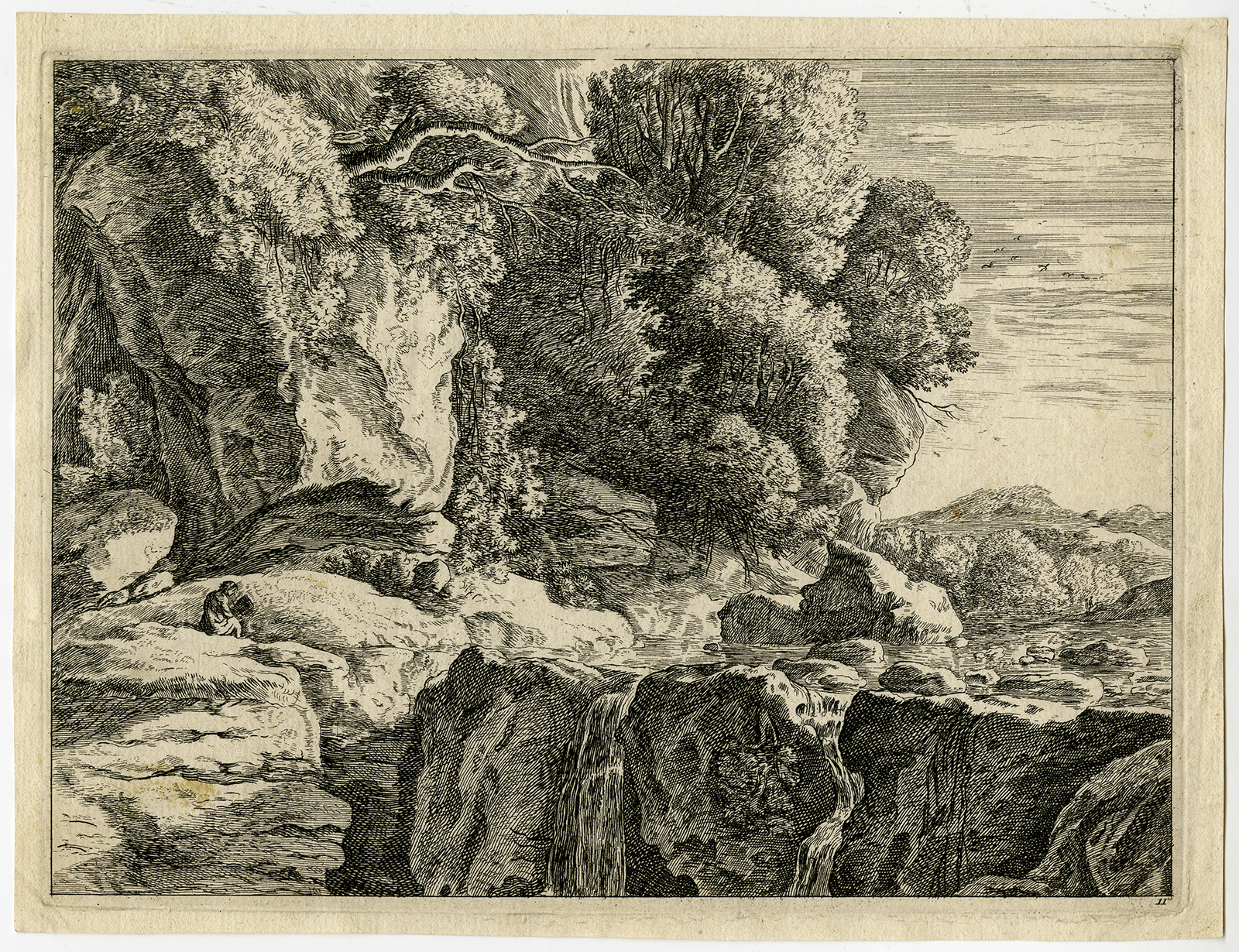 , Antique Print-LANDSCAPE-WATERFALL-Swanevelt-ca. 1700, Pictura Antique Prints