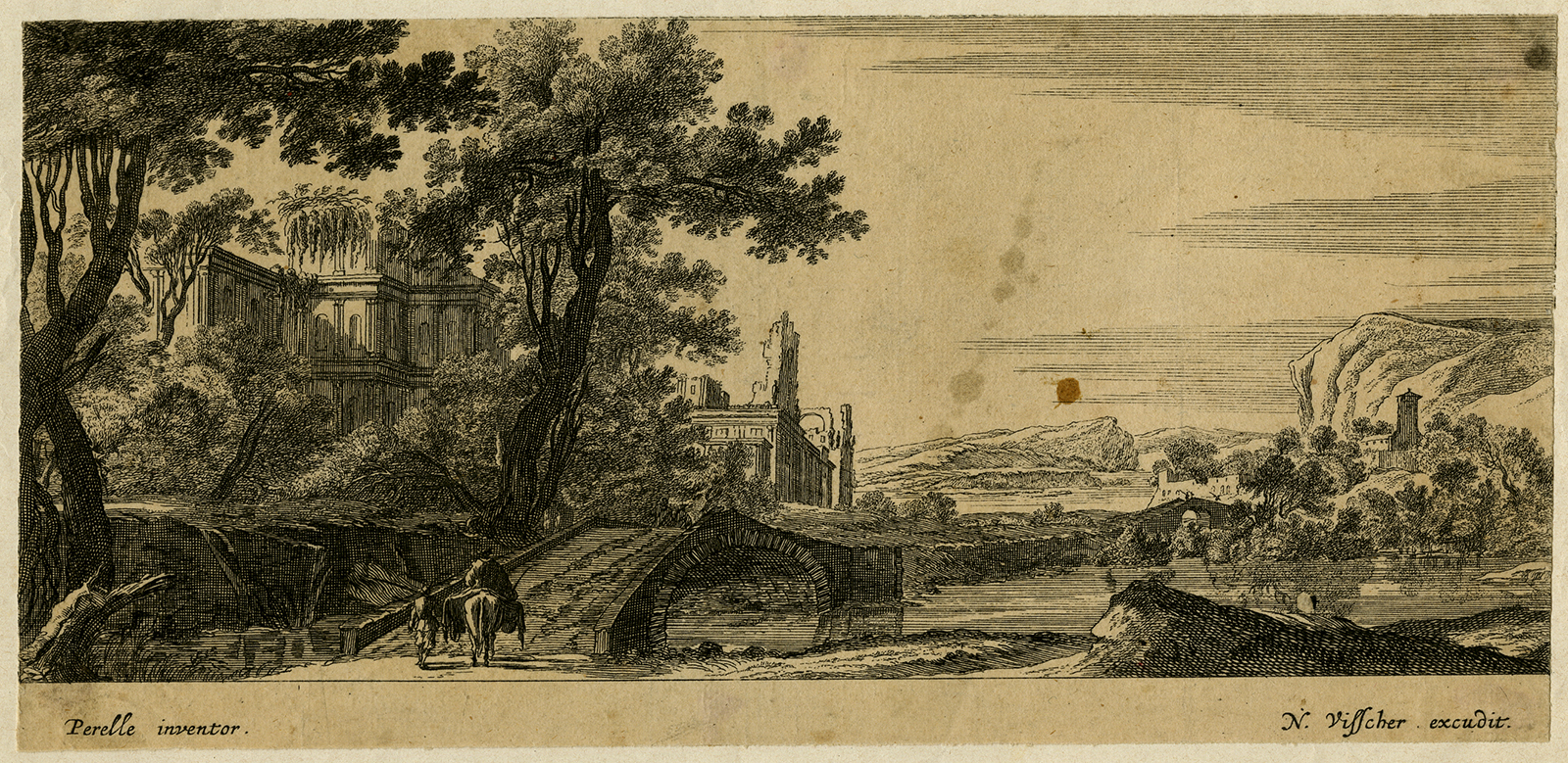 , Antique Print-LANDSCAPE-RIVER-BRIDGE-RUIN-MERCHANT-ITALY-Perelle-1650, Pictura Antique Prints