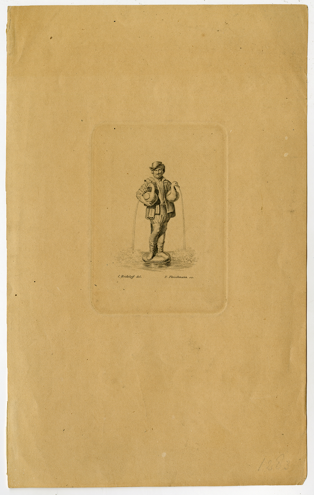 , Antique Print-MAN-GOOSE-STATUE-FOUNTAIN-Heideloff-Fleischmann-ca. 1810, Pictura Antique Prints