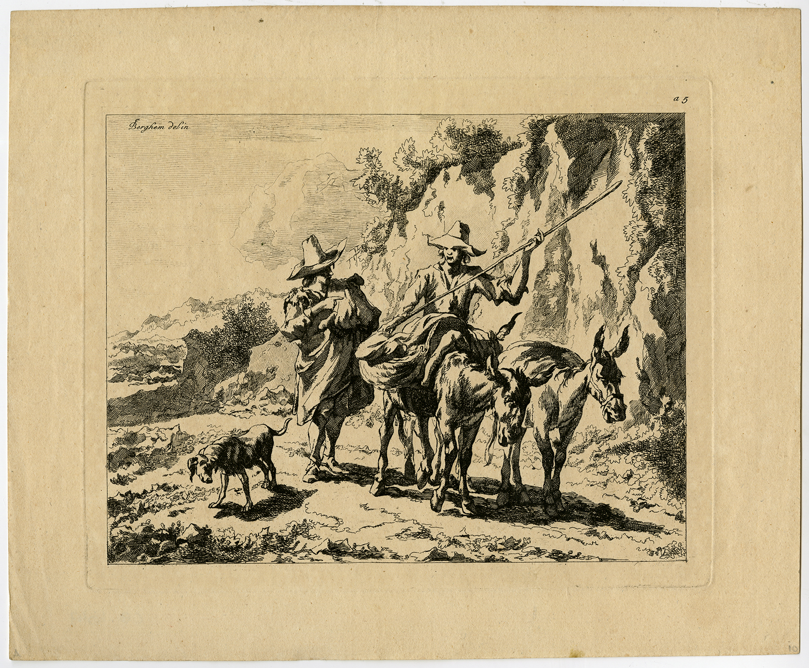 , Antique Print-LANDSCAPE-MAN-MULE-DONKEY-DOG-Berchem-c.1770, Pictura Antique Prints