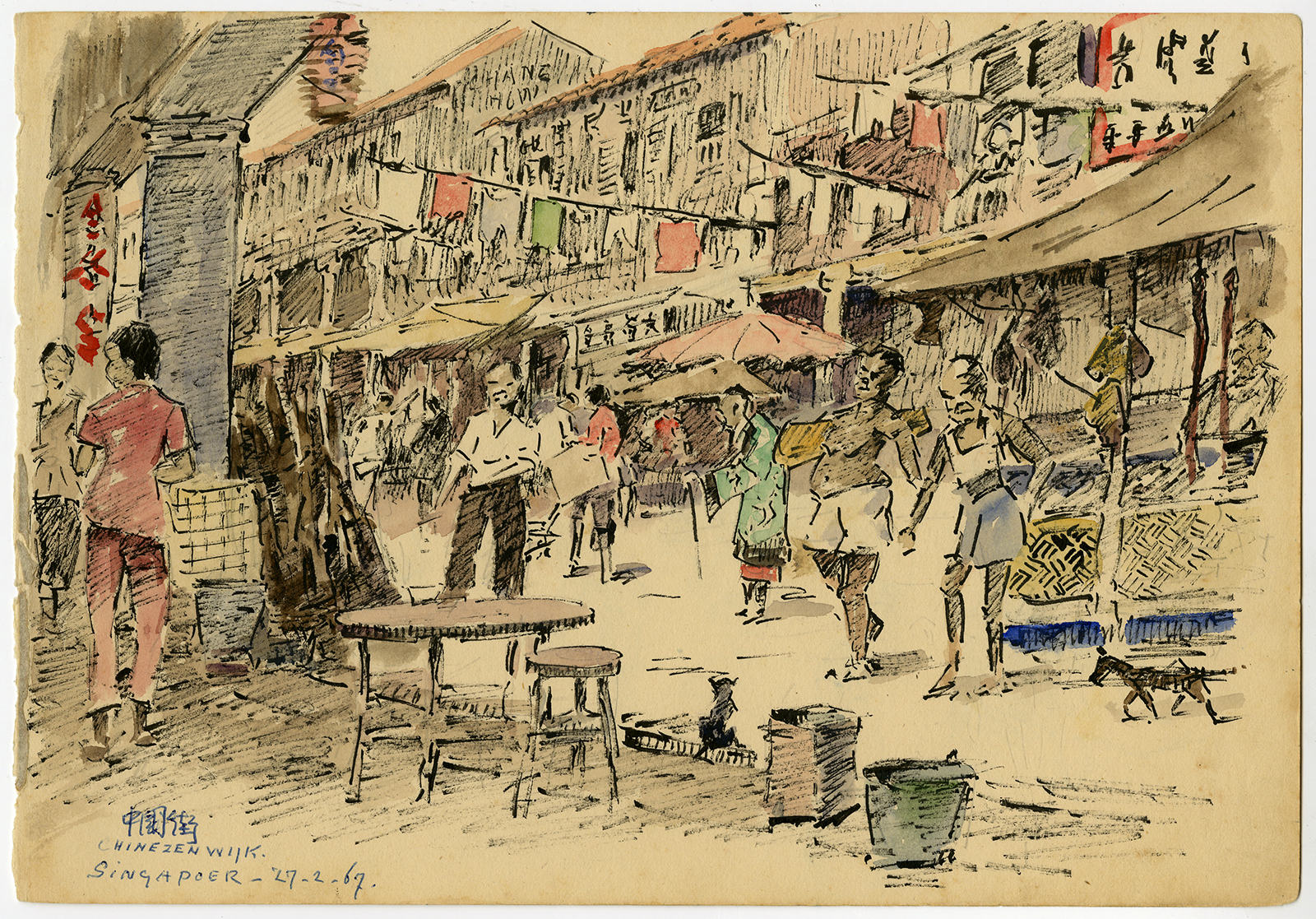 , Antique Drawing-SINGAPORE-CHINESE QUARTER-STREET SCENE-Ligtelijn-1967, Pictura Antique Prints
