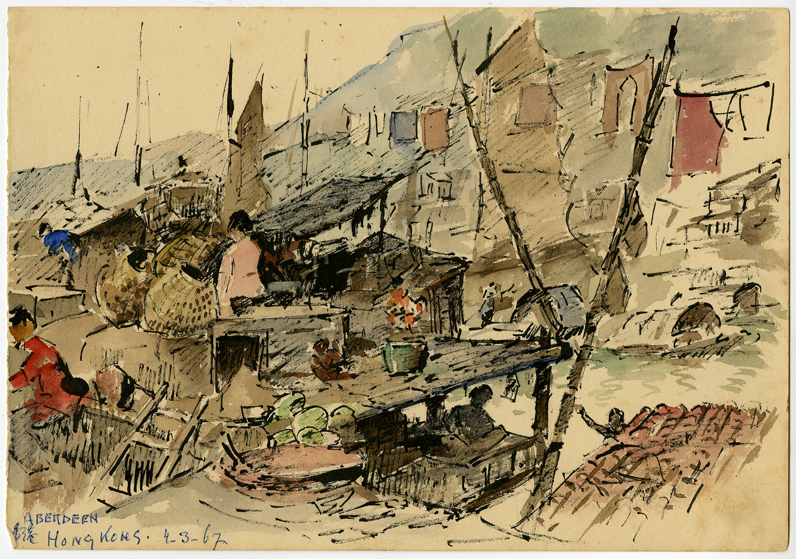 , Antique Drawing-ABERDEEN HONG KONG-HARBOR-FLOATING VILLAGE-Ligtelijn-1967, Pictura Antique Prints