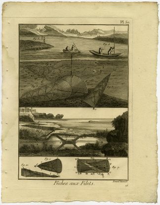 Antique Fishing Print-VERVEUX-FYKE NET-Pl. 50-Panckoucke-1793