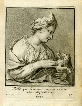 Antique Print-GIRL WITH DOG-Bossuit-Engraving-1727