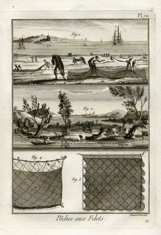 Antique Fishing Print-FISHING NET-TRAMMEL-Plate 70-Panckoucke-1793