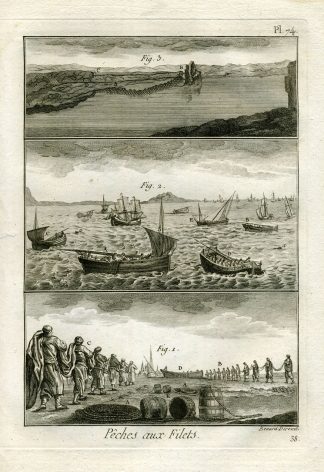 Antique Fishing Print-SWEEP NET-BOAT-Panckoucke-1793