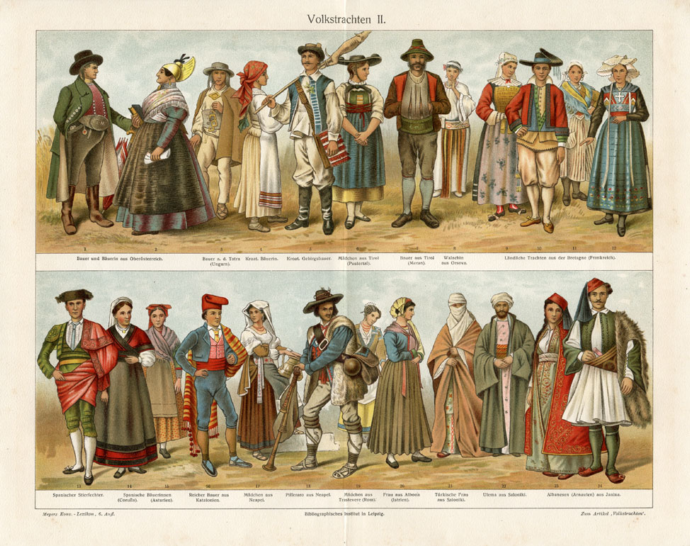 , Antique Prints-NATIONAL COSTUME-EUROPE-Meyers-1897, Pictura Antique Prints