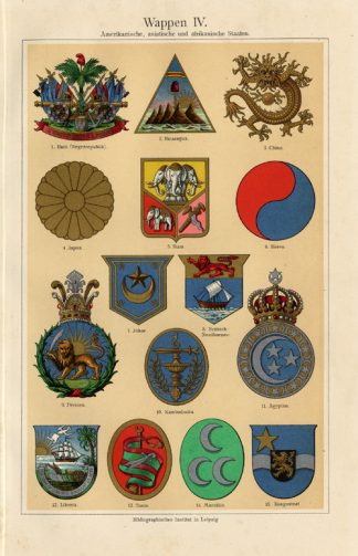 Antique Prints-COAT OF ARMS-JAPAN-CHINA-Meyers-1900