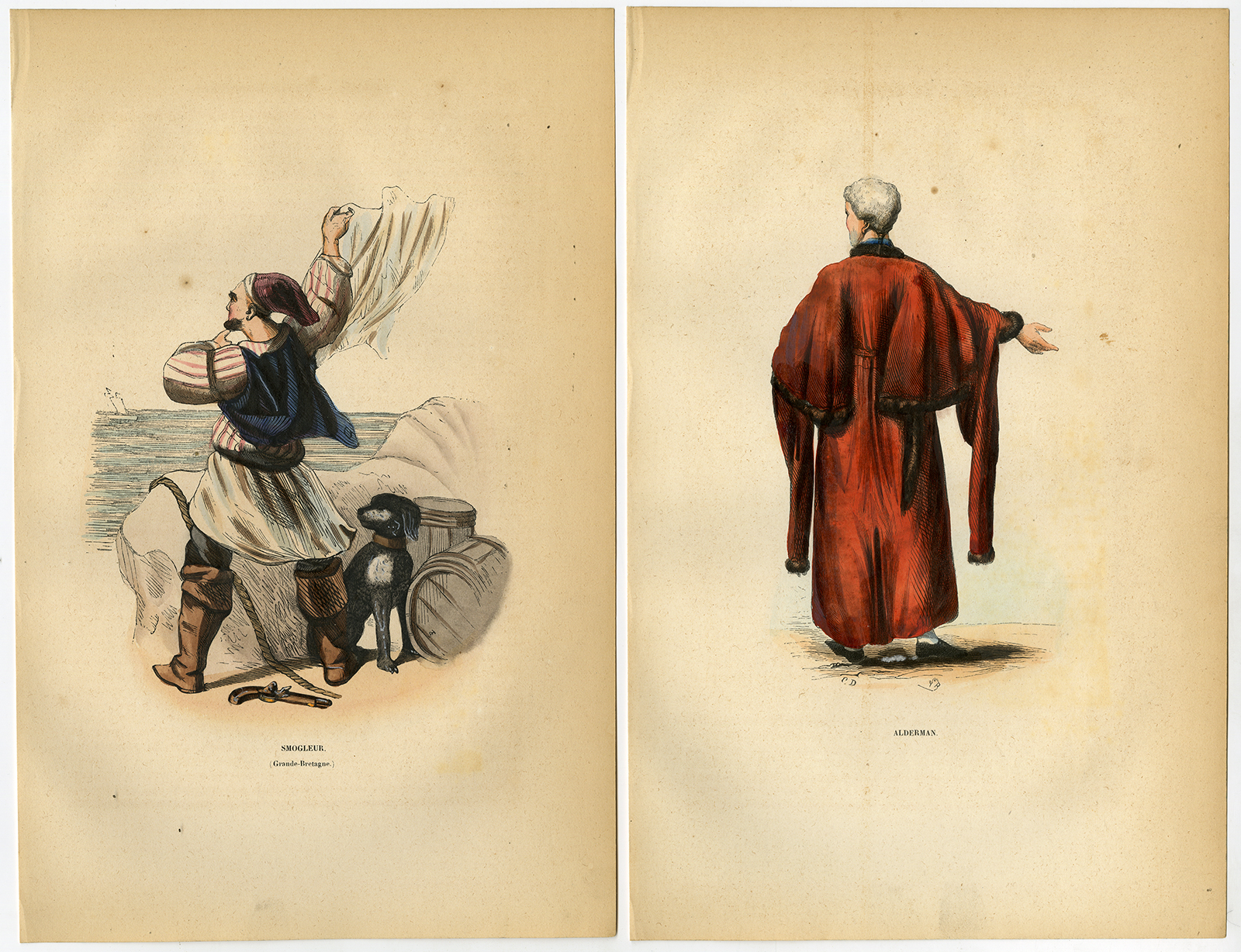 , 3 Antique Prints-GREAT BRITAIN-COSTUME-SMUGGLER-ALDERMAN-CHIEF-Wahlen-1844, Pictura Antique Prints