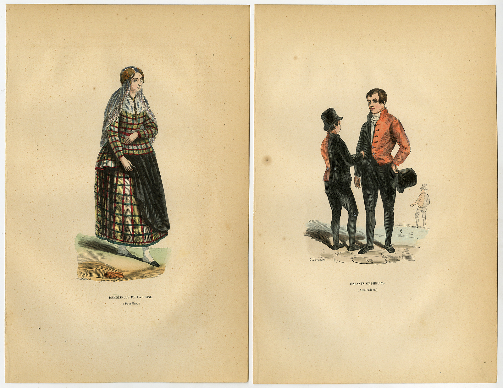 , 2 Antique Prints-FRIESLAND-ORPHAN-AMSTERDAM-COSTUME-FASHION-Wahlen-1844, Pictura Antique Prints