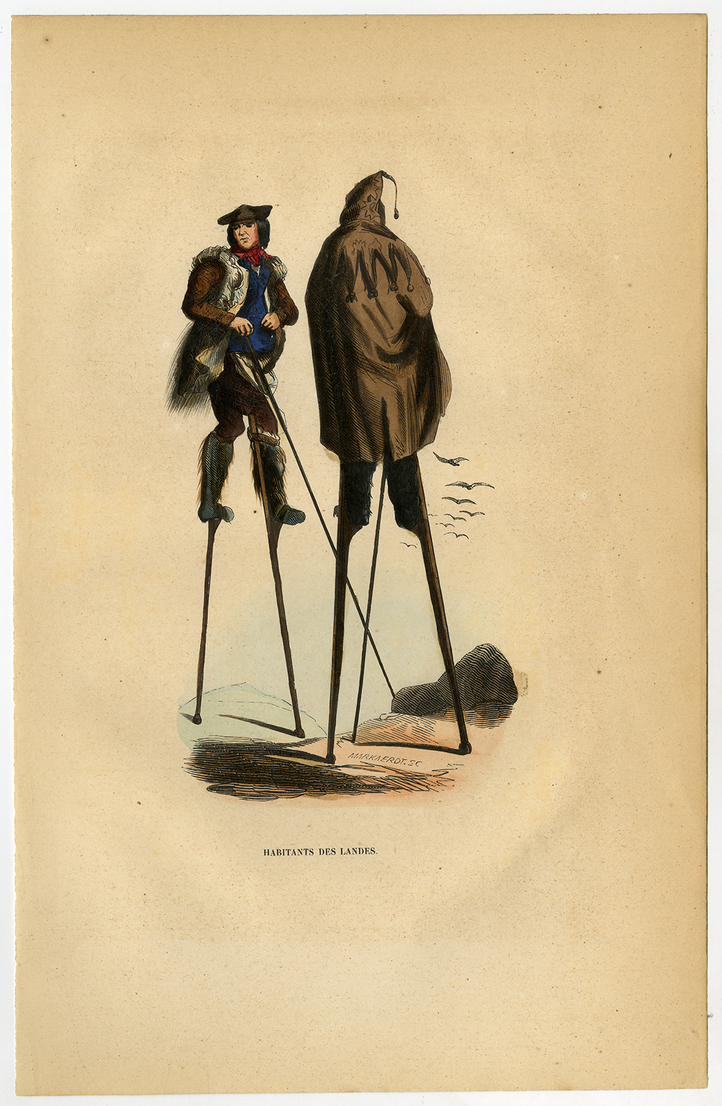 , Antique Print-FRANCE-LANDES-SHEPHERD-STILTS-Wahlen-1844, Pictura Antique Prints