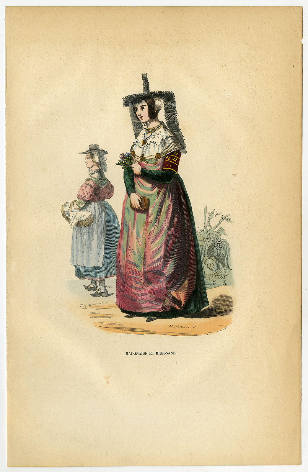 , 3 Antique Prints-FRANCE-FASHION-COSTUME-ALSACE-BRITTANY-MACON-Wahlen-1844, Pictura Antique Prints