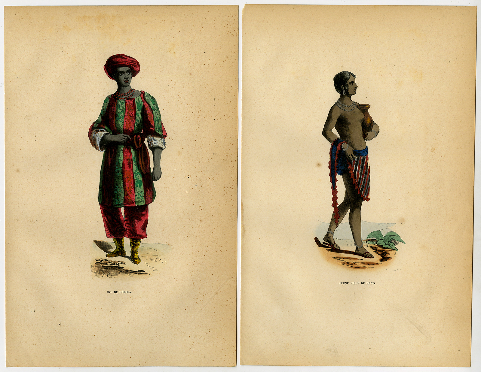 , 2 Antique Prints-NIGERIA-BOUSSA-KANO-KING-FASHION-COSTUME-Wahlen-1844, Pictura Antique Prints
