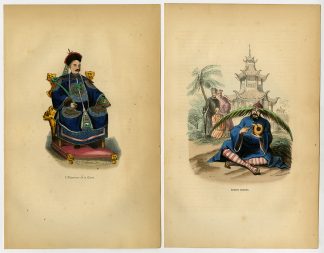 7 Antique Prints-CHINESE-COSTUME-TYPES-NOBLEMAN-EMPEROR-LADY-SOLDIER-Wahlen-1844