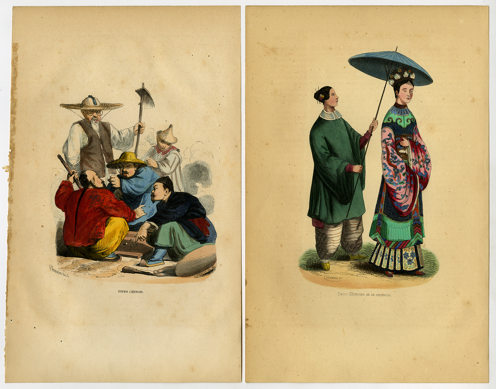 , 7 Antique Prints-CHINESE-COSTUME-TYPES-NOBLEMAN-EMPEROR-LADY-SOLDIER-Wahlen-1844, Pictura Antique Prints