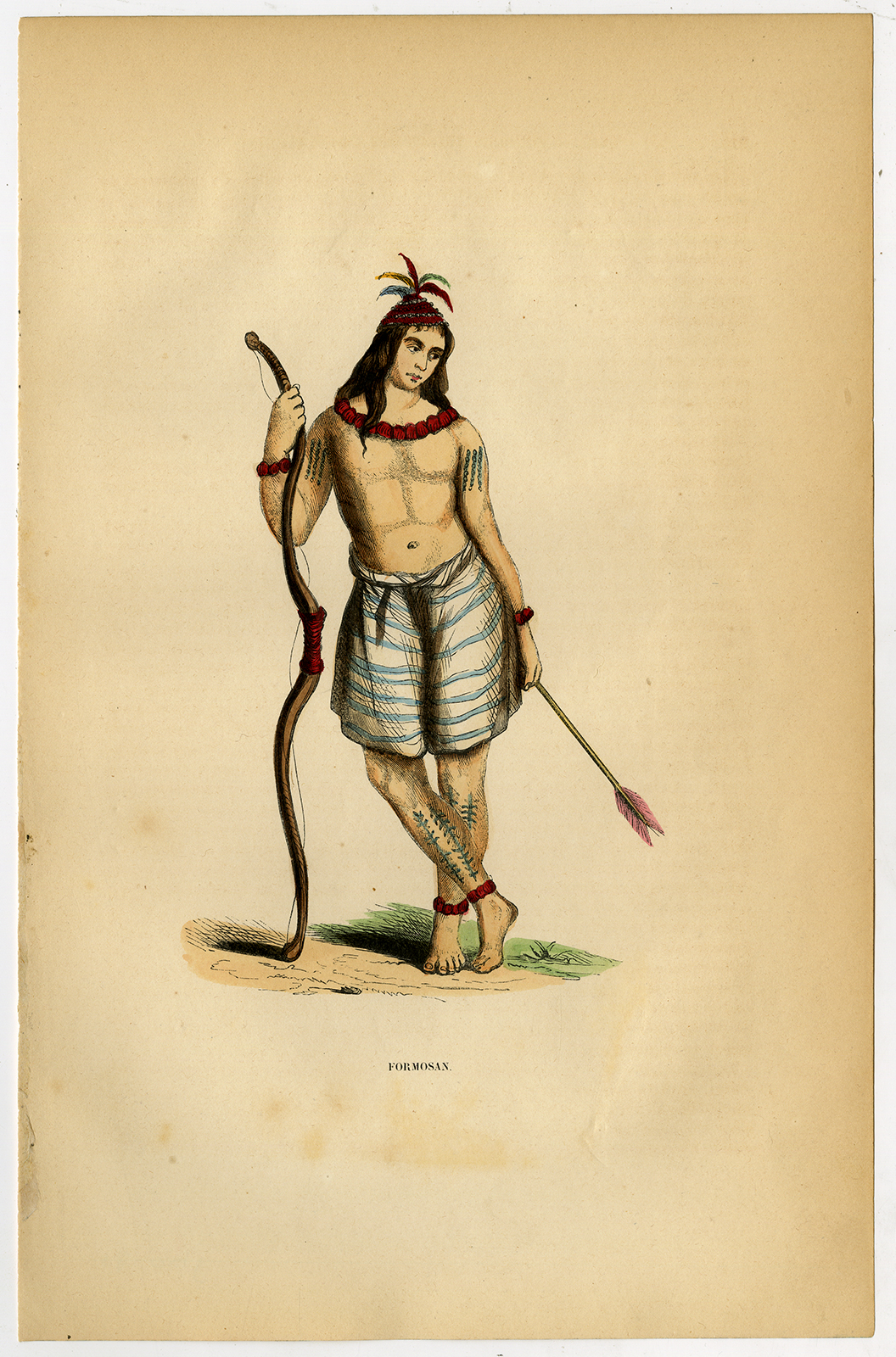 , Antique Print-FORMOSA-TAIWAN ABORIGINE-BOW-ARROW-COSTUME-Wahlen-1844, Pictura Antique Prints