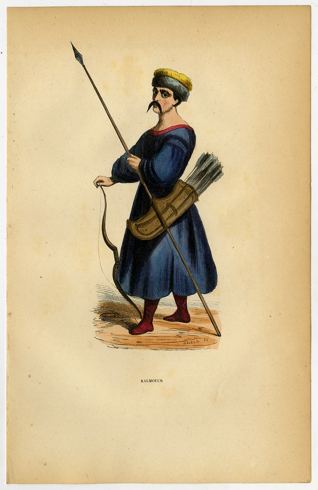 Jbo106 416x640 Antique Print-KALMYK-ORIAT-HUNTER-SPEAR-COSTUME-TRADITIONAL-Wahlen-1844