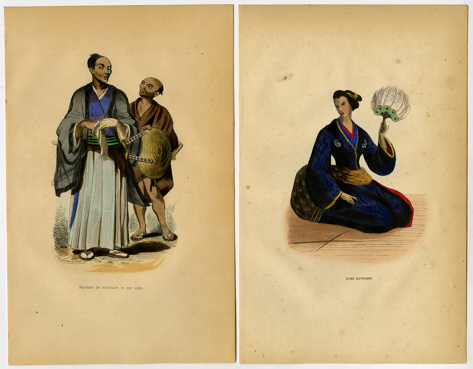, 4 Antique Prints-JAPAN-COSTUME-LADY-GENTLEMAN-KIMONO-TRADTIONAL-Wahlen-1844, Pictura Antique Prints