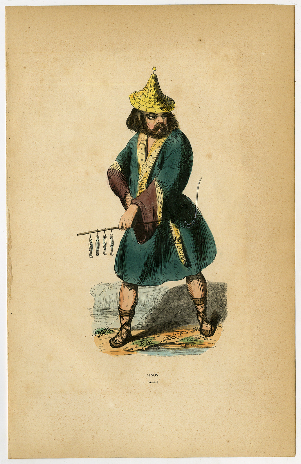 , Antique Print-AINU-AYNU-JAPAN-COSTUME-FISHERMAN-Wahlen-1844, Pictura Antique Prints