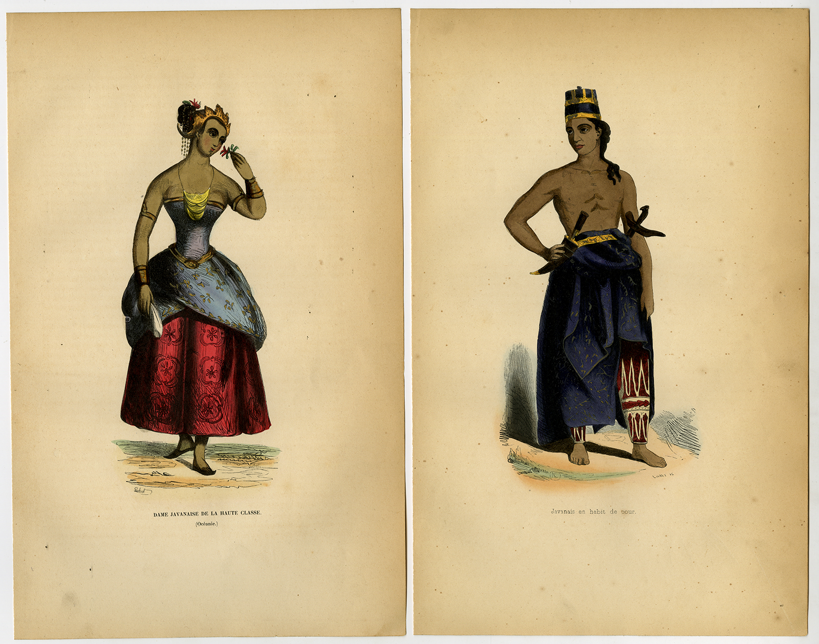 , 4 Antique Prints-JAVA-INDONESIA-COSTUME-DRESS-DANCE-COURT-WARRIOR-Wahlen-1844, Pictura Antique Prints