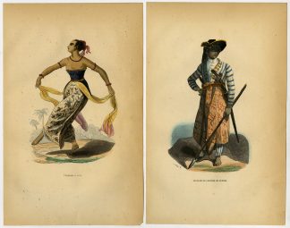 4 Antique Prints-JAVA-INDONESIA-COSTUME-DRESS-DANCE-COURT-WARRIOR-Wahlen-1844