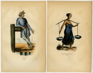 2 Antique Prints-MALAY-MALAYSIA-WOMAN-MAN-PIER-WATER CARRIER-Wahlen-1844