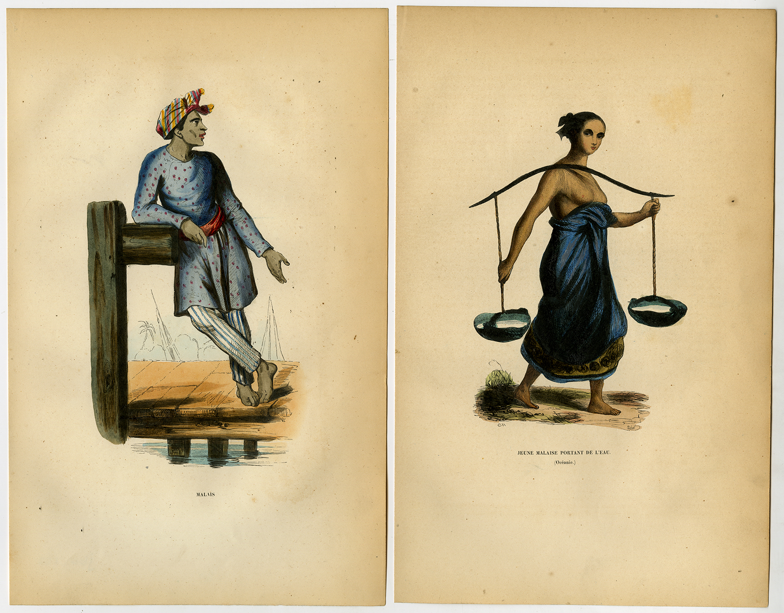 , 2 Antique Prints-MALAY-MALAYSIA-WOMAN-MAN-PIER-WATER CARRIER-Wahlen-1844, Pictura Antique Prints
