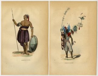 2 Antique Prints-SAVU-SOLOR-SUNDA ISLANDS-WARRIOR-NATIVE-COSTUME-Wahlen-1844