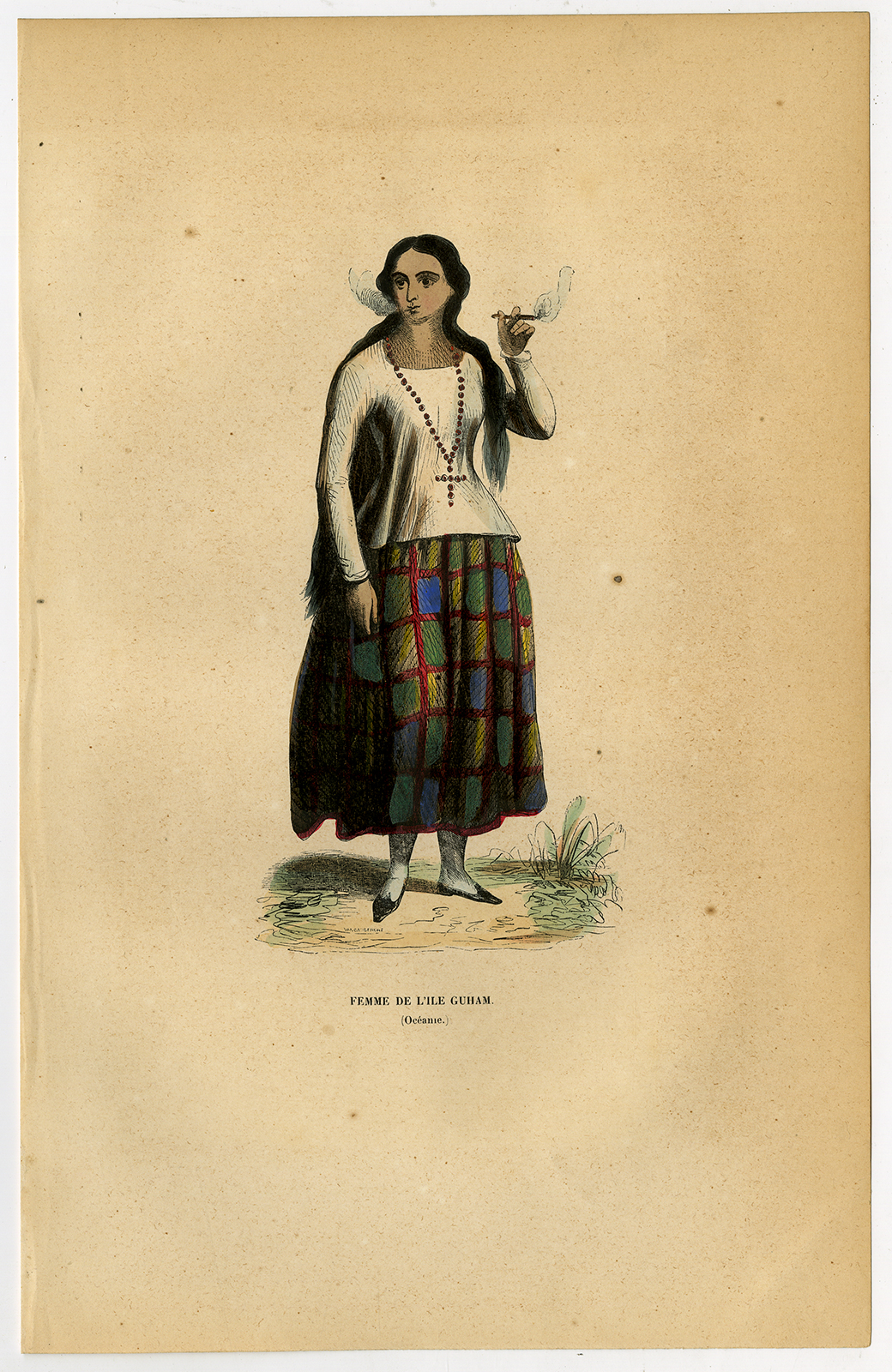 , Antique Print-GUAM-GUHAM-MICRONESIA-WOMAN-COSTUME-SMOKING-Wahlen-1844, Pictura Antique Prints