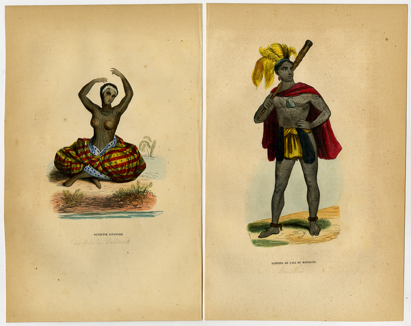 , 4 Antique Prints-HAWAII-QUEEN-COSTUME-WARRIOR-TATTOO-Wahlen-1844, Pictura Antique Prints