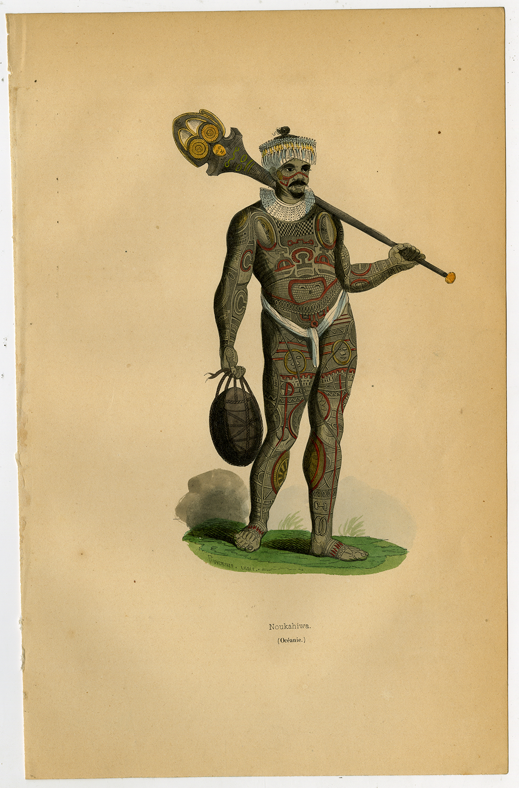 , Antique Print-NUKU HIVA-TATTOO MAN-COSTUME-MARQUESAS-POLYNESIA-Wahlen-1844, Pictura Antique Prints