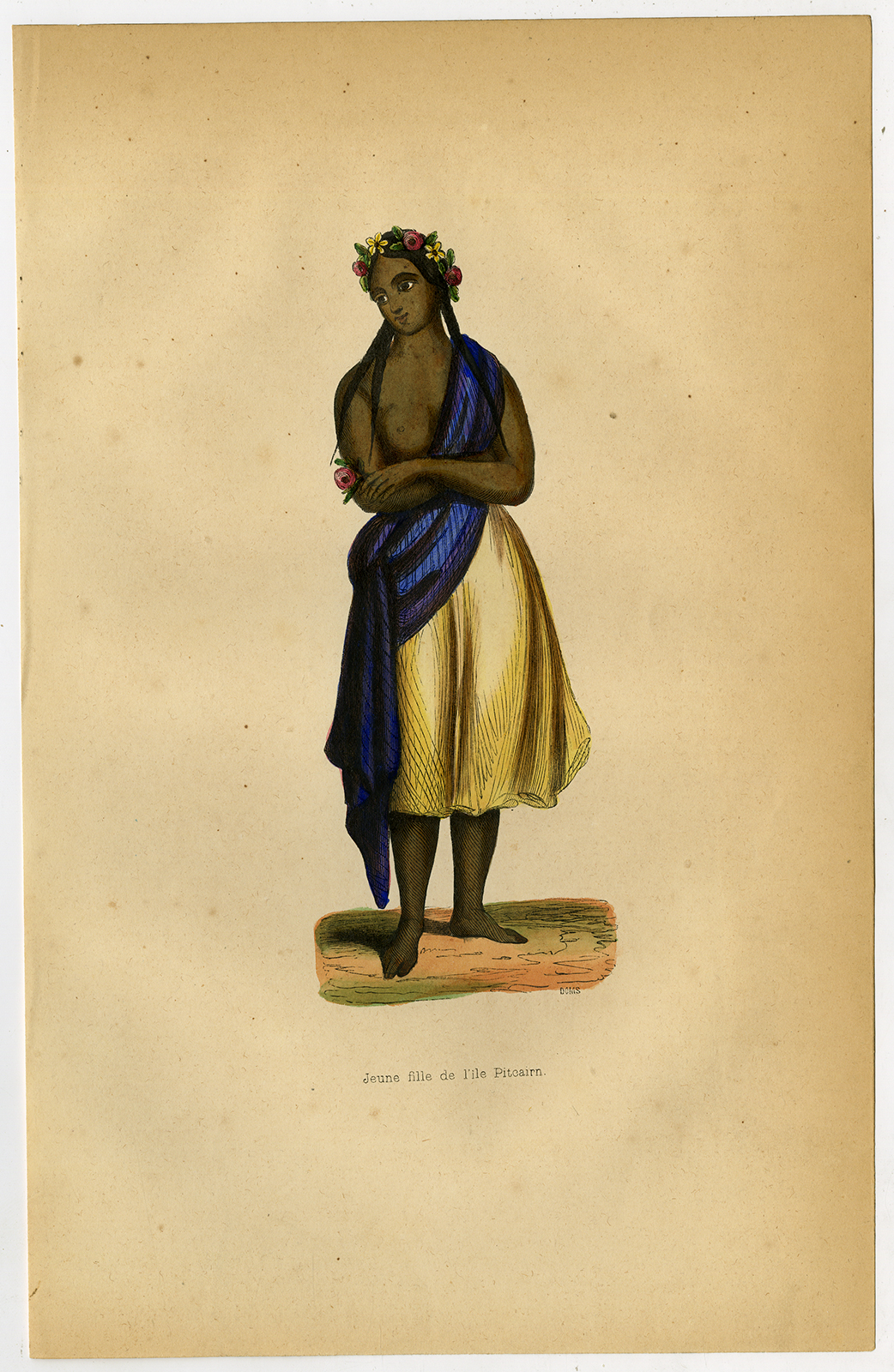 , Antique Print-PITCAIRN-WOMAN-PACIFIC-COSUTME-NATIVE-Wahlen-1844, Pictura Antique Prints