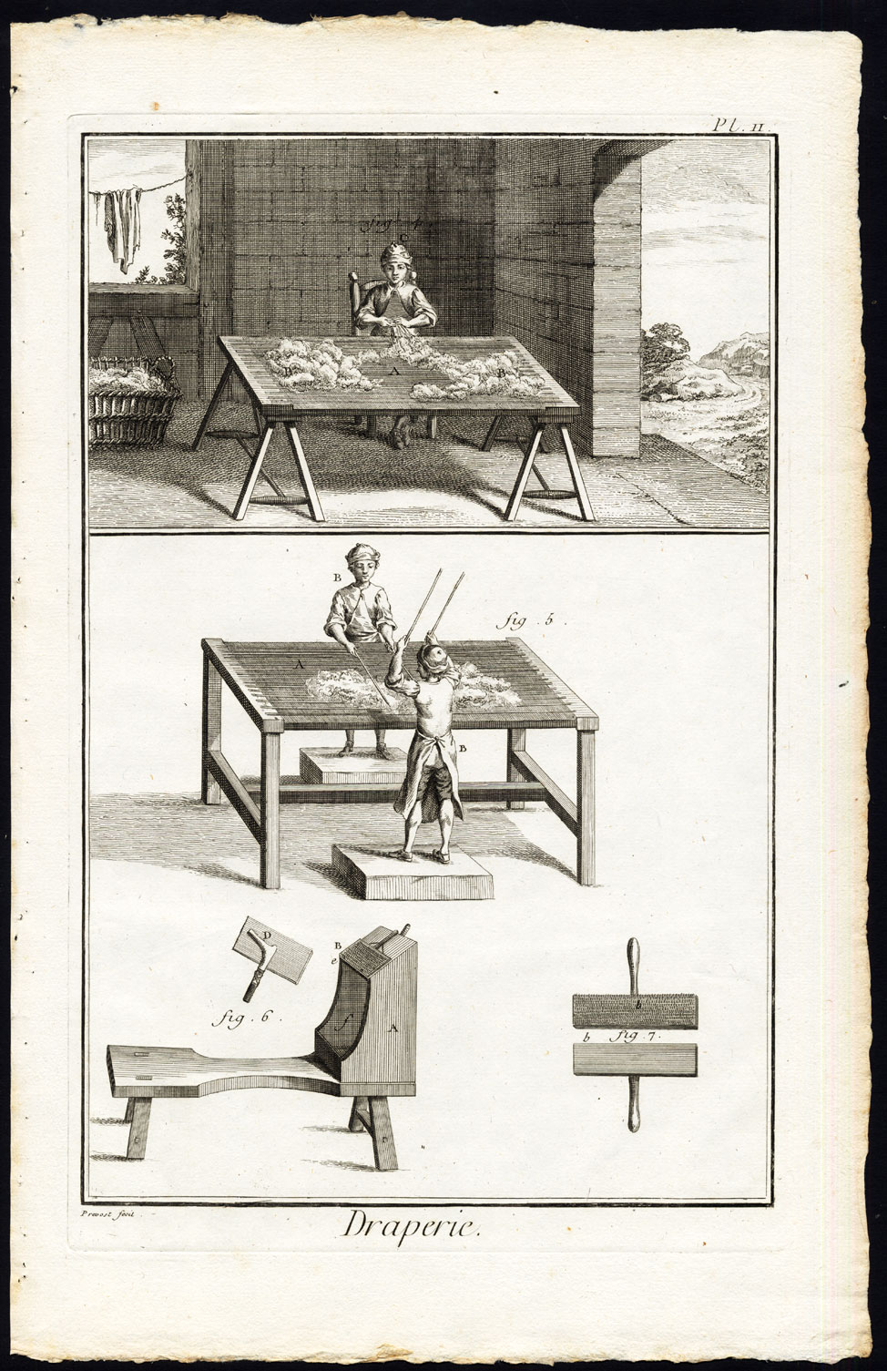 , 11 Antique Prints-DRAPERIE-CLOTH MAKING-WORKSHOP-TOOL-Diderot-Defehrt-1751, Pictura Antique Prints