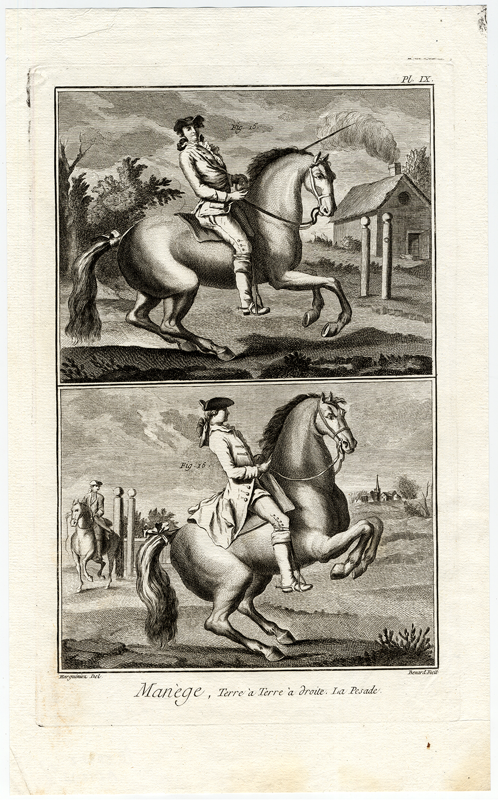 , Antique Print-DRESSAGE-HORSE TRAINING-EQUESTRIAN SPORT-IX-Diderot-Benard-1751, Pictura Antique Prints