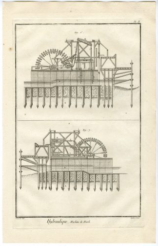 2 Antique Prints-HYDRAULICS-SCIENCE-MACHINE DE MARLY-Diderot-Defehrt-1751