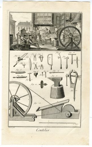 2 Antique Prints-FABRICATION OF CUTLERY-WORKSHOP-TOOLS-Diderot-Prevost-1751
