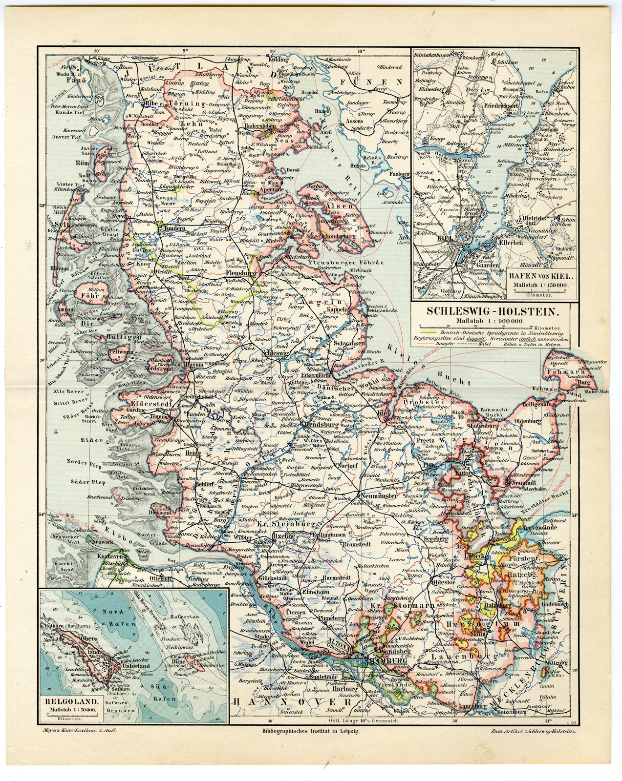 , Antique Map-SCHLESWIG HOLSTEIN-GERMANY-Meyers-1895, Pictura Antique Prints