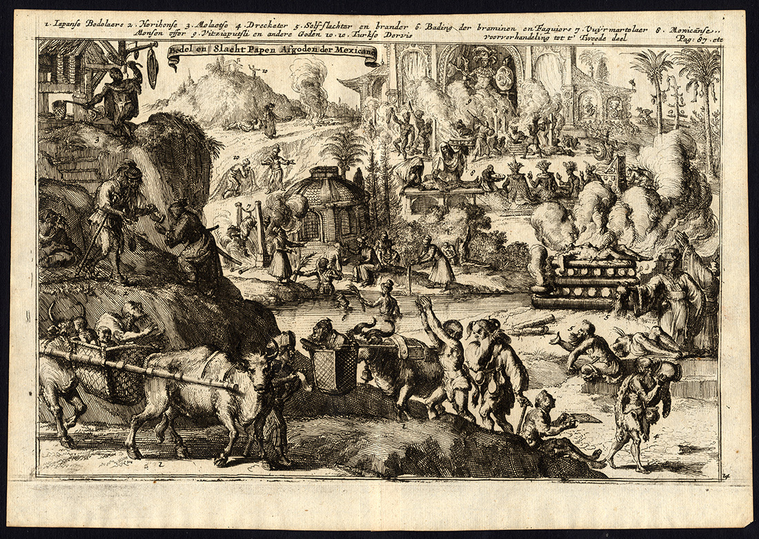 , Rare Antique Print-BEGGAR AND OFFER PRIESTS-SACRIFICE CUSTOMS-de Hooghe-1682, Pictura Antique Prints