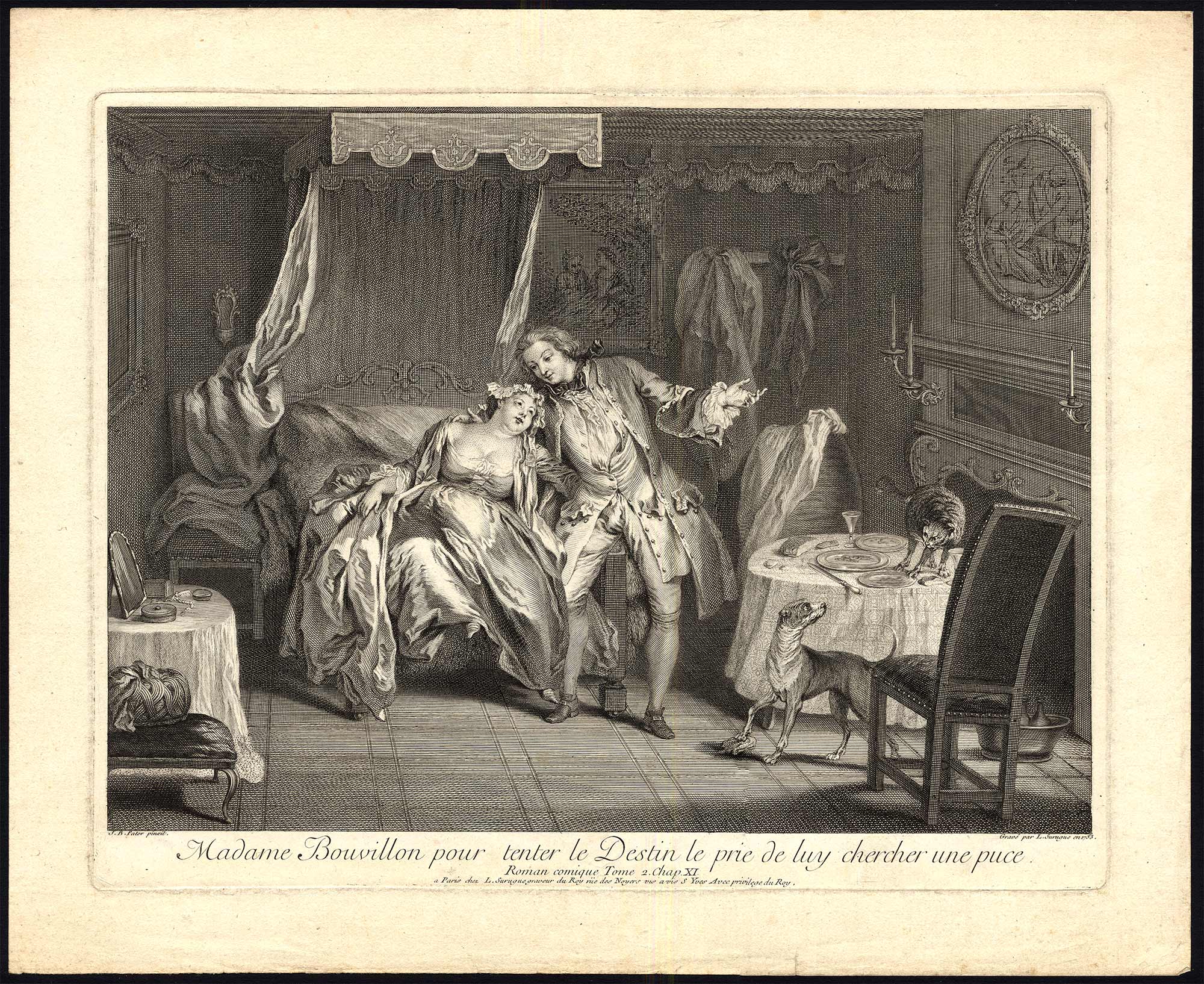 , Antique Print-BEDROOM ROMANCE-CAT-DOG-SATIRE-Surugue-Pater-1730, Pictura Antique Prints