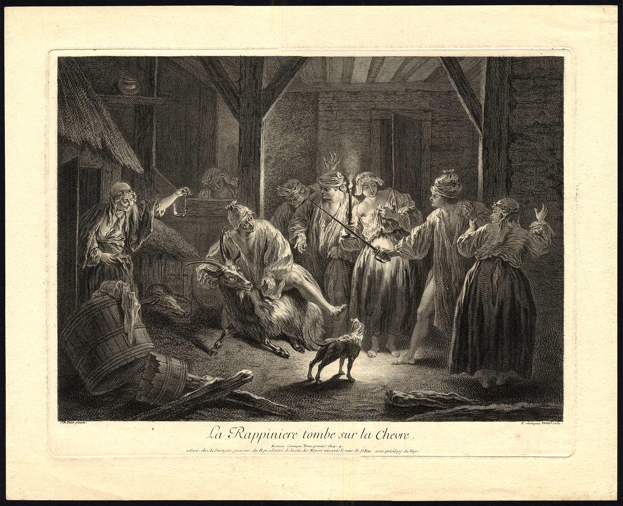 , Antique Print-RAPPINIERE STUMBLES OVER GOAT-BARN-SATIRE-Surugue-Pater-1730, Pictura Antique Prints