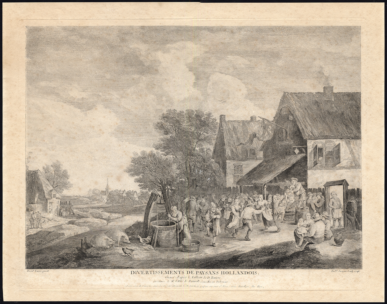 , Antique Master Print-PEASANTS-BAGPIPE-HOG-WATER WELL-Teniers-Surugue-1820, Pictura Antique Prints