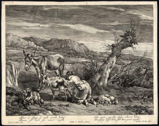 Antique Master Print-SHEPHERDESS-MILKING-GOAT-DONKEY-Visscher-Berchem-c. 1690