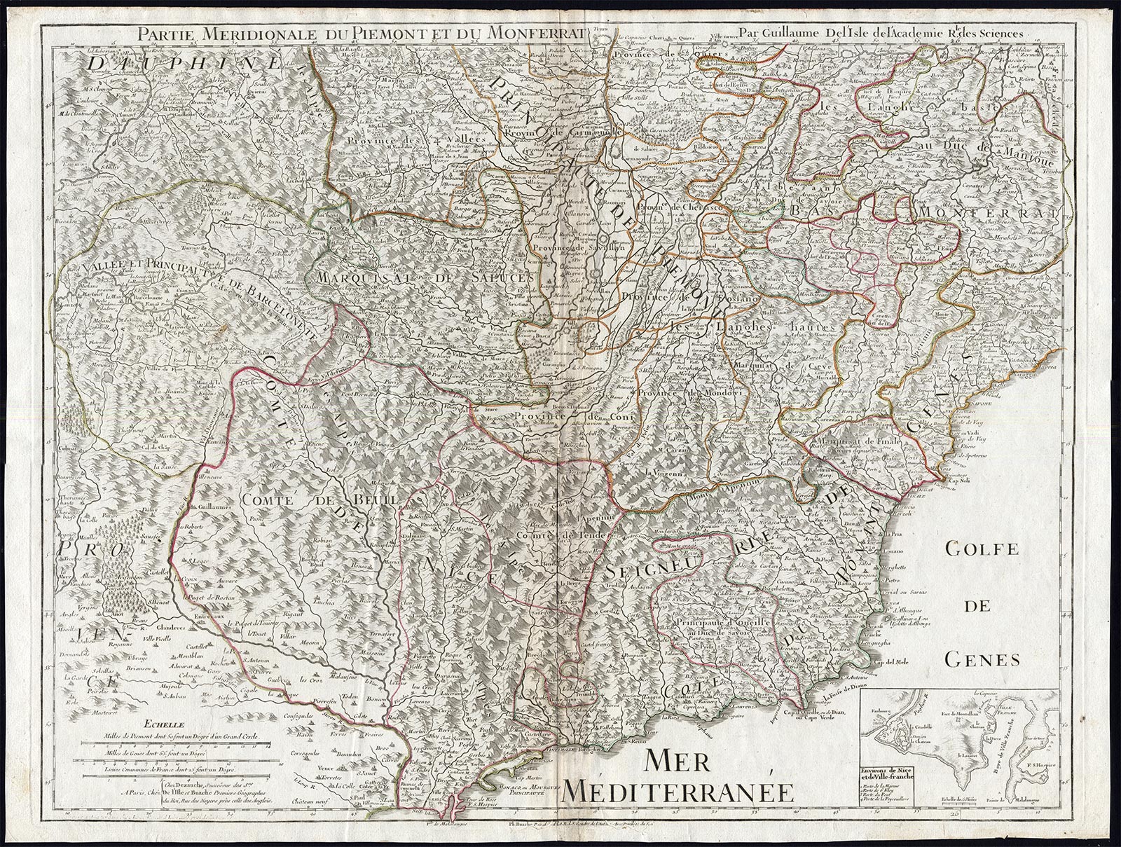 , 2 Antique Maps-ITALY-FRANCE-PIEDMONT-MONFERRATO-MONACO-De l’Isle-Dezauche-1775, Pictura Antique Prints